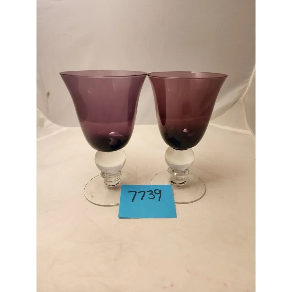 #7739 Amethyst Purple Wine Water Stem Glasses Pair